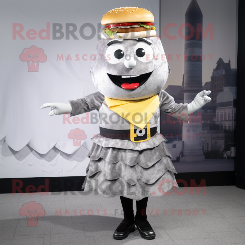 Silver Hamburger mascot costume character dressed with a A-Line Dress and Suspenders Silver Hamburger mascot costume character dressed with a A-Line Dress and Suspenders
