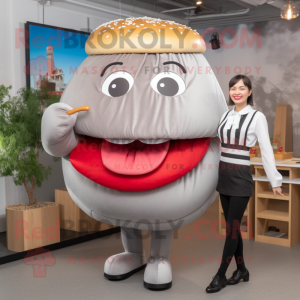 Silver Hamburger mascot costume character dressed with a A-Line Dress and Suspenders