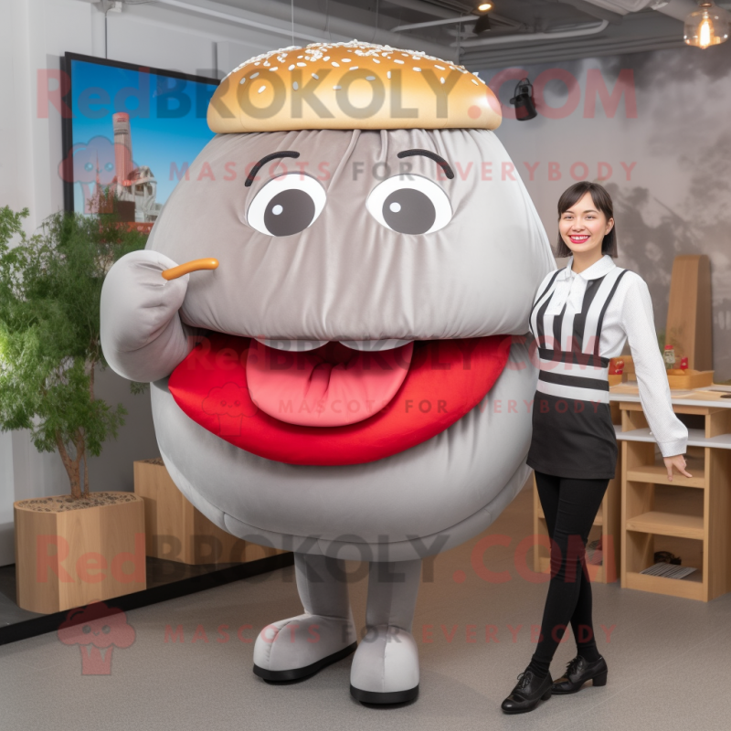 Silver Hamburger mascot costume character dressed with a A-Line Dress and Suspenders Silver Hamburger mascot costume character dressed with a A-Line Dress and Suspenders