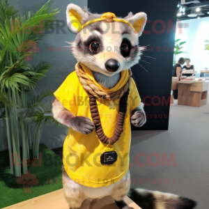 Yellow Civet mascot costume character dressed with a Henley Shirt and Bracelets