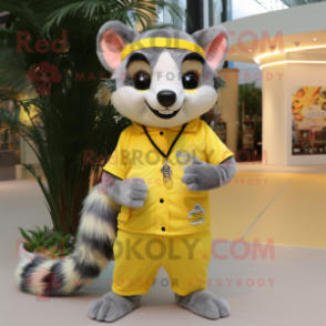 Yellow Civet mascot costume character dressed with a Henley Shirt and Bracelets