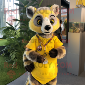 Yellow Civet mascot costume character dressed with a Henley Shirt and Bracelets