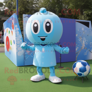 Sky Blue Soccer Goal mascot costume character dressed with a Playsuit and Keychains