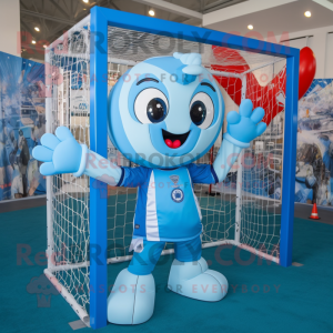 Sky Blue Soccer Goal mascot costume character dressed with a Playsuit and Keychains