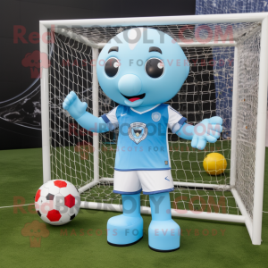 Sky Blue Soccer Goal mascot costume character dressed with a Playsuit and Keychains