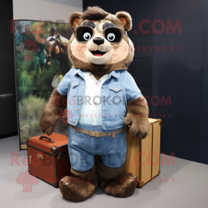 Peach Spectacled Bear mascot costume character dressed with a Denim Shirt and Briefcases