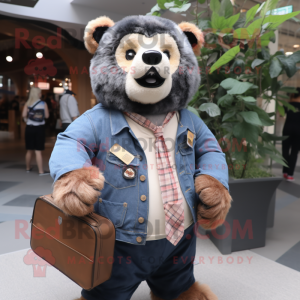Peach Spectacled Bear mascot costume character dressed with a Denim Shirt and Briefcases