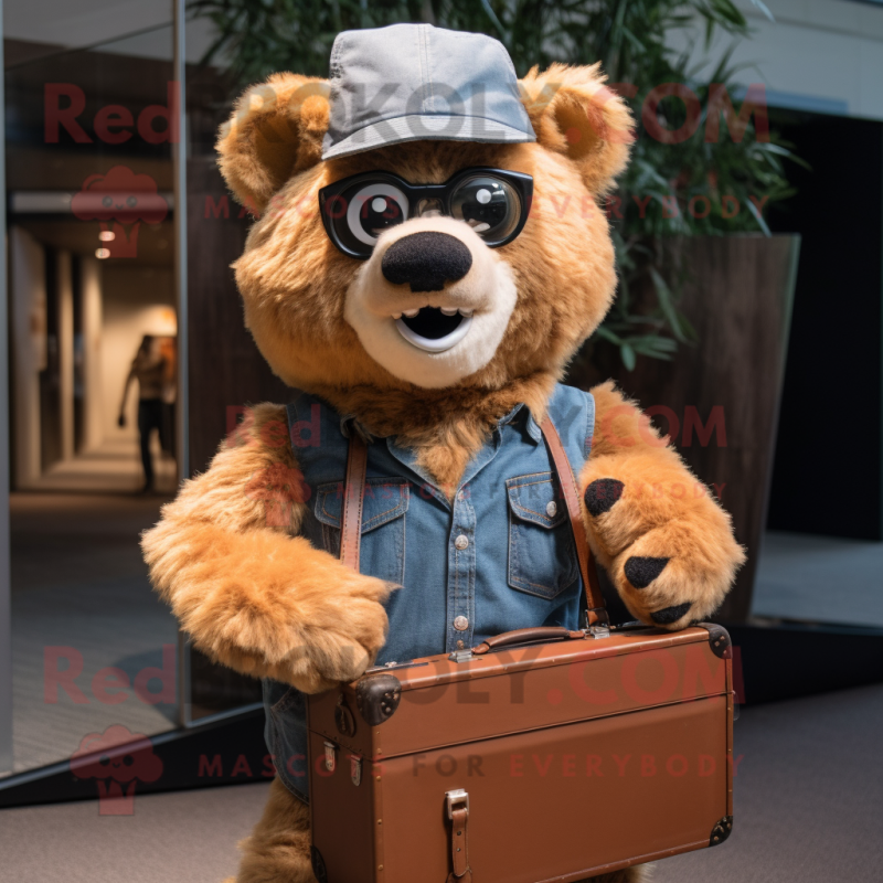 Peach Spectacled Bear mascot costume character dressed with a Denim Shirt and Briefcases