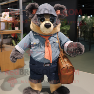 Peach Spectacled Bear mascot costume character dressed with a Denim Shirt and Briefcases