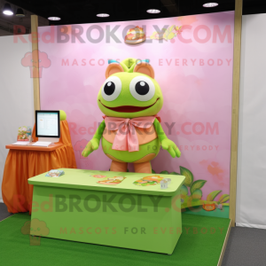 Peach Frog mascot costume character dressed with a A-Line Skirt and Keychains