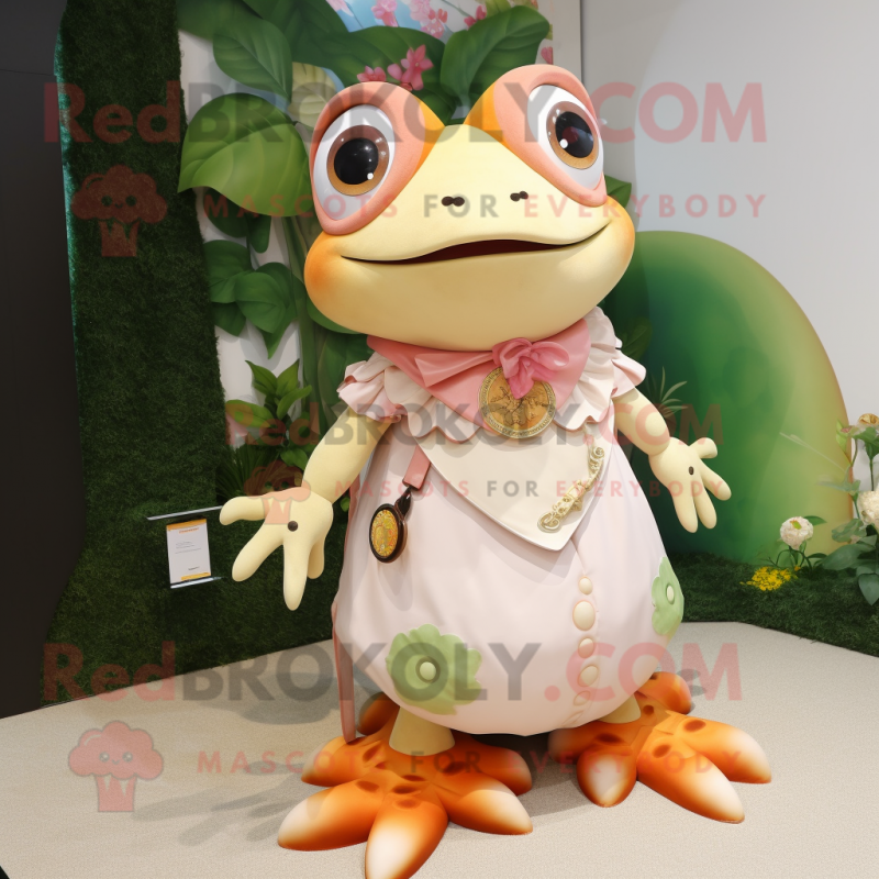 Peach Frog mascot costume character dressed with a A-Line Skirt and Keychains