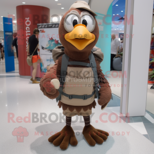 Brown Turkey mascot costume character dressed with a Bermuda Shorts and Backpacks