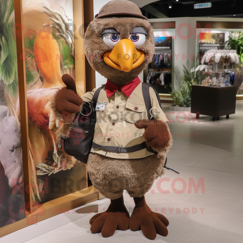 Brown Turkey mascot costume character dressed with a Bermuda Shorts and Backpacks