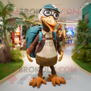 Brown Turkey mascot costume character dressed with a Bermuda Shorts and Backpacks