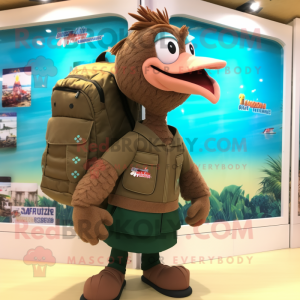 Brown Turkey mascot costume character dressed with a Bermuda Shorts and Backpacks