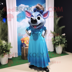 Blue Wild Boar mascot costume character dressed with a Maxi Skirt and Sunglasses