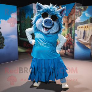 Blue Wild Boar mascot costume character dressed with a Maxi Skirt and Sunglasses