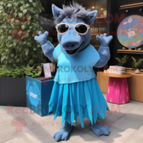 Blue Wild Boar mascot costume character dressed with a Maxi Skirt and Sunglasses