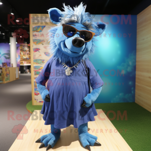 Blue Wild Boar mascot costume character dressed with a Maxi Skirt and Sunglasses