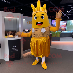Gold French Fries mascot costume character dressed with a Skirt and Smartwatches