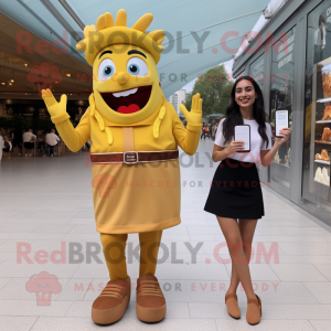 Gold French Fries mascot costume character dressed with a Skirt and Smartwatches