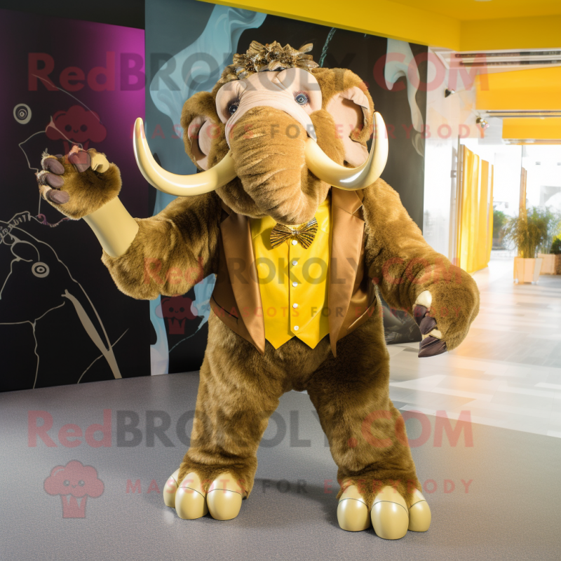 Gold Mammoth mascot costume character dressed with a Playsuit and Bow ties