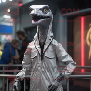 Silver Velociraptor mascot costume character dressed with a Raincoat and Beanies