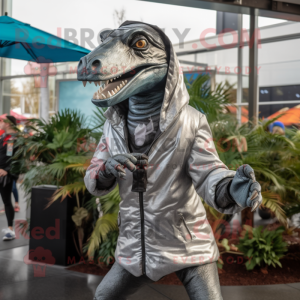 Silver Velociraptor mascot costume character dressed with a Raincoat and Beanies