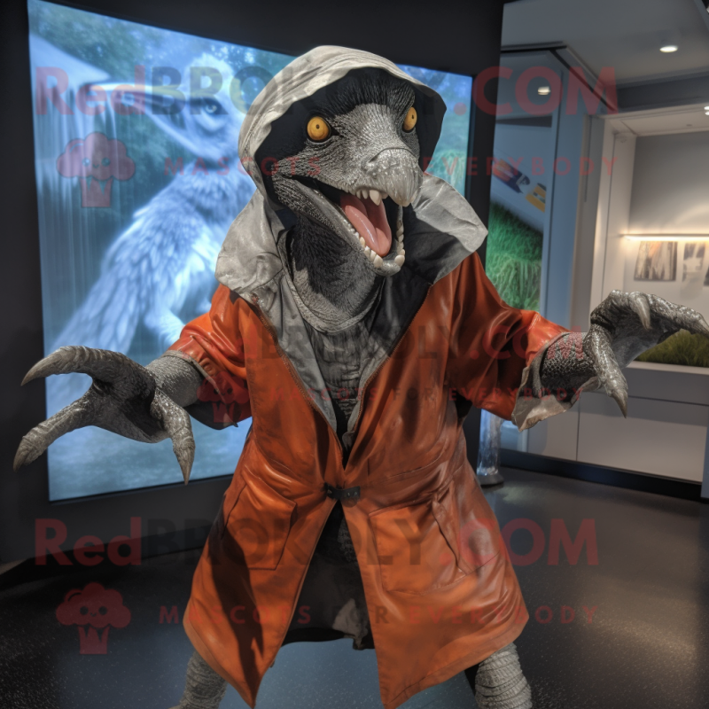 Silver Velociraptor mascot costume character dressed with a Raincoat and Beanies Silver Velociraptor mascot costume character dressed with a Raincoat and Beanies