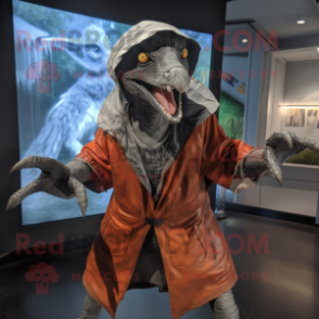 Silver Velociraptor mascot costume character dressed with a Raincoat and Beanies