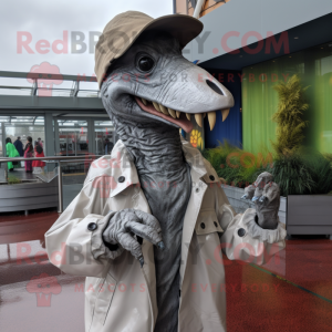 Silver Velociraptor mascot costume character dressed with a Raincoat and Beanies
