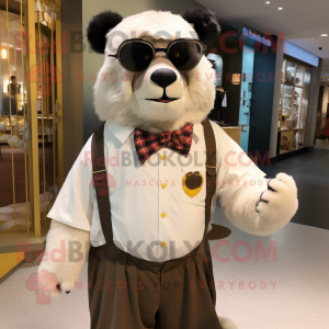 Cream Spectacled Bear mascot costume character dressed with a Culottes and Cummerbunds