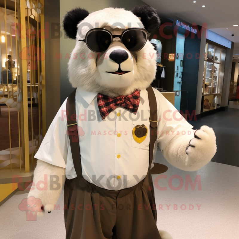 Cream Spectacled Bear mascot costume character dressed with a Culottes and Cummerbunds Cream Spectacled Bear mascot costume character dressed with a Culottes and Cummerbunds