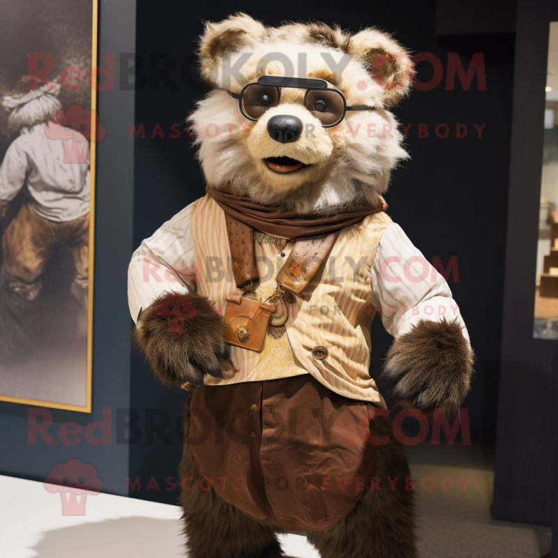 Cream Spectacled Bear mascot costume character dressed with a Culottes and Cummerbunds Cream Spectacled Bear mascot costume character dressed with a Culottes and Cummerbunds