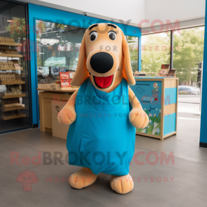 Cyan Hot Dogs mascot costume character dressed with a Poplin Shirt and Tote bags