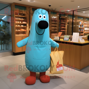 Cyan Hot Dogs mascot costume character dressed with a Poplin Shirt and Tote bags