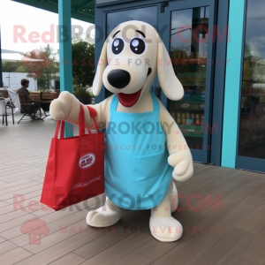 Cyan Hot Dogs mascot costume character dressed with a Poplin Shirt and Tote bags