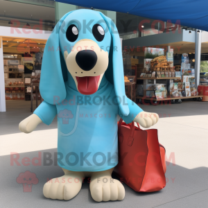 Cyan Hot Dogs mascot costume character dressed with a Poplin Shirt and Tote bags