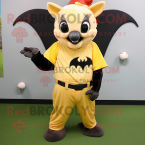 Yellow Fruit Bat mascot costume character dressed with a Baseball Tee and Wraps