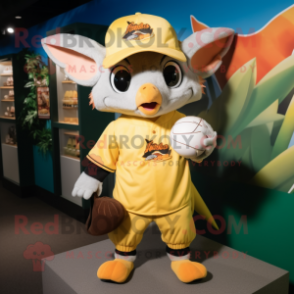 Yellow Fruit Bat mascot costume character dressed with a Baseball Tee and Wraps