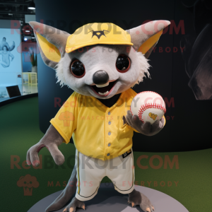 Yellow Fruit Bat mascot costume character dressed with a Baseball Tee and Wraps