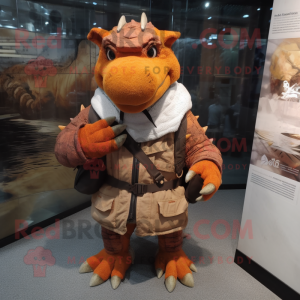 Rust Dragon mascot costume character dressed with a Parka and Messenger bags