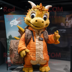 Rust Dragon mascot costume character dressed with a Parka and Messenger bags