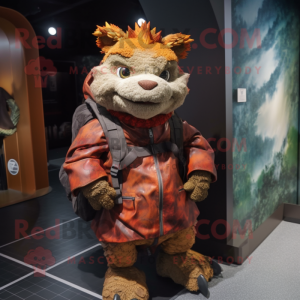 Rust Dragon mascot costume character dressed with a Parka and Messenger bags