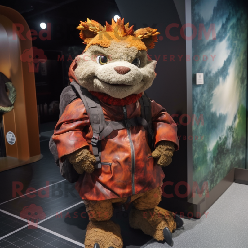Rust Dragon mascot costume character dressed with a Parka and Messenger bags Rust Dragon mascot costume character dressed with a Parka and Messenger bags