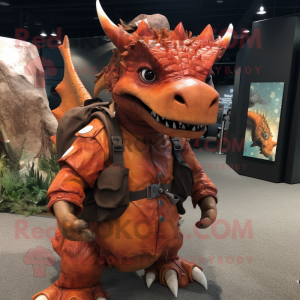 Rust Dragon mascot costume character dressed with a Parka and Messenger bags