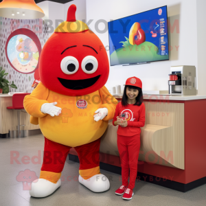Red Mango mascot costume character dressed with a Romper and Watches