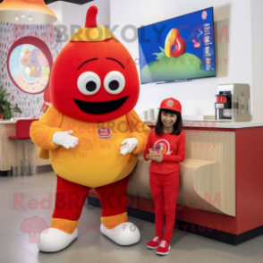 Red Mango mascot costume character dressed with a Romper and Watches