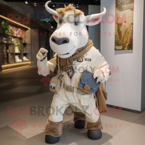 Beige Zebu mascot costume character dressed with a Cargo Pants and Brooches