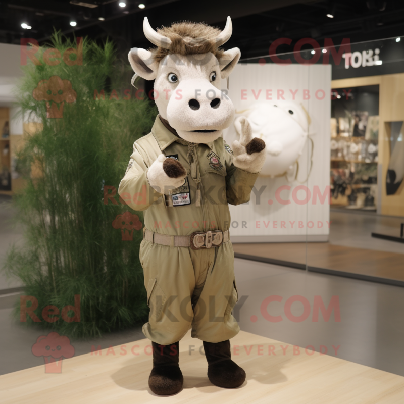 Beige Zebu mascot costume character dressed with a Cargo Pants and Brooches